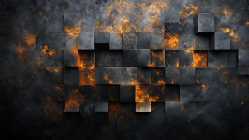 Abstract geometric wall with fiery textures in a modern digital art style.
