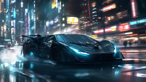 Futuristic hypercar slices through neon city rain at speed