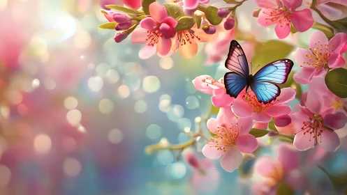 Blue butterfly rests on blooming cherry blossoms in soft light