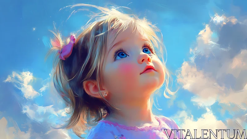 Young Child Gazing Skyward Against Cloud-Filled Heaven.