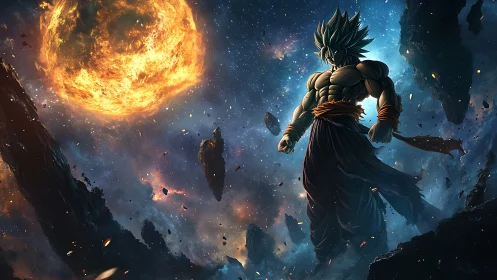 Celestial warrior amid erupting star and fractured asteroid field.