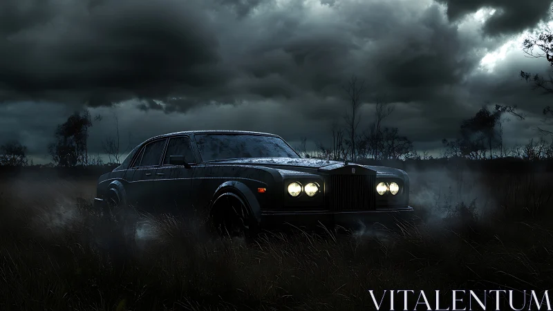 Ghostly luxury sedan idles under storm-thick midnight sky.