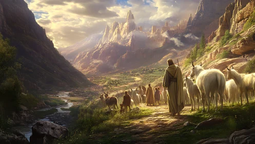 Shepherds guide goats through a sunlit mountain valley