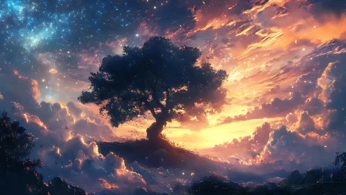 Solitary tree silhouette under nebular sunset skyscape