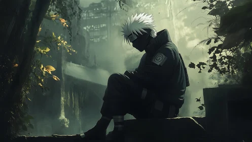 Masked figure sits in overgrown ruins with diffused backlight