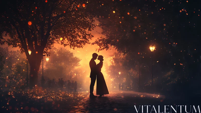 Couple Kissing in Glowing Park Twilight Scene