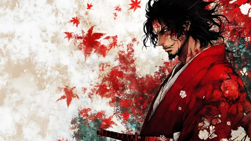 Samurai warrior in red kimono amid abstract maple leaves.