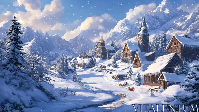 Snowy alpine village basks in serene winter sunlight.