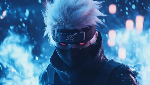 Cinematic close-up of masked ninja with glowing red eyes in blue haze