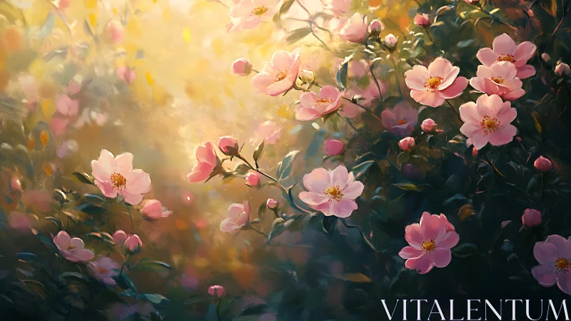 Sunlit wild roses bloom against a softly diffused golden haze