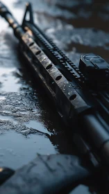 Tactical AR-15 Rifle with Precision Optics on Wet Surface.