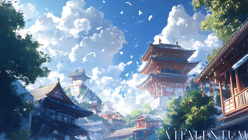 Sky-brushed temple terraces rising through drifting cloudlight.