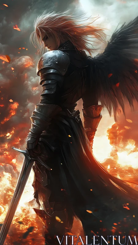 Winged dusk knight pauses as molten sky collapses behind