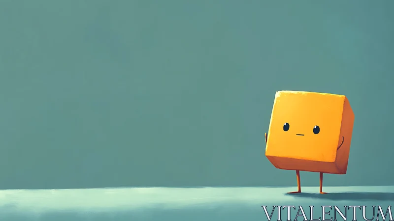 Minimalist yellow cube character on teal ground plane.