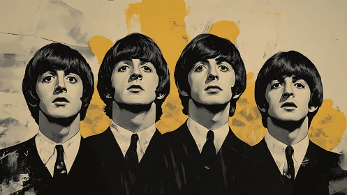 Four suited musicians stand together in bold graphic style