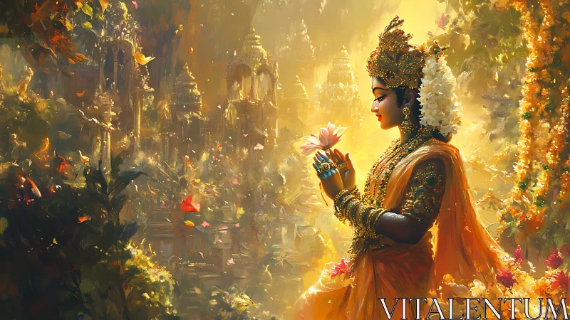 Golden lotus prayer in a radiant temple garden dreamscape.