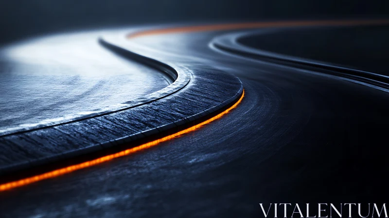 Curved wet racetrack glows with neon edge lighting at night