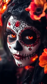 Glowing D&iacute;a de Muertos makeup with fiery red sugar skull gaze.