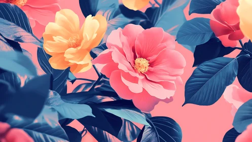 Botanical illustration with pink and orange flowers against gradient background