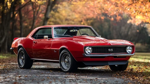 Red classic muscle car parked on forest road at sunset.