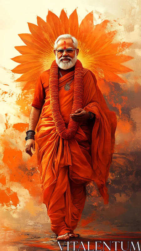 Orange robed Hindu sadhu walking before radiant lotus halo