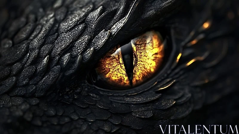 Dragon eye glows amid dark textured scales in close view.
