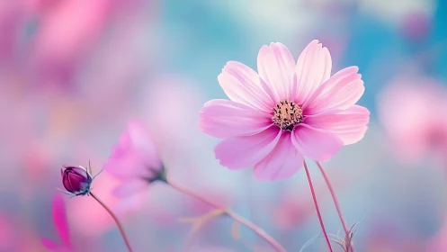 Pink Cosmos Flowers in Soft Focus Field