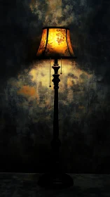 Vintage floor lamp illuminates dark textured wall background