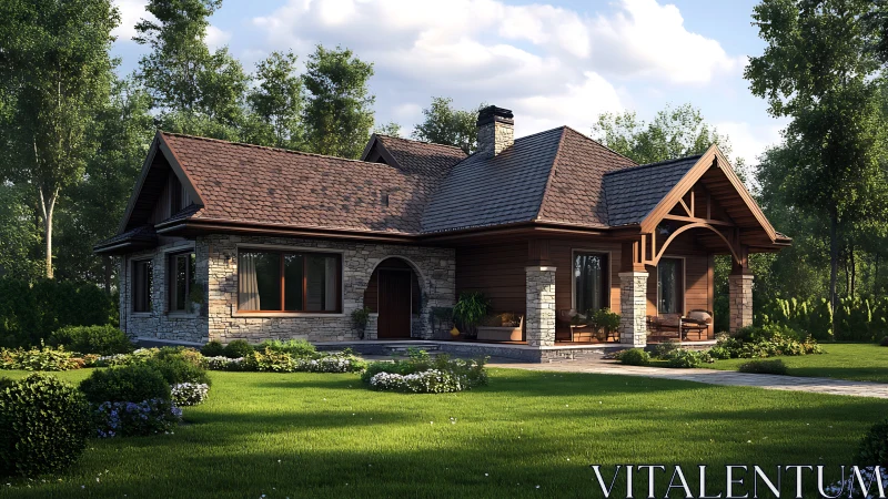 Rustic cottage with stone facade set in lush forest garden