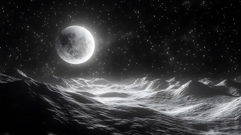 Lunar horizon under high-contrast starlit sky in monochrome rendering