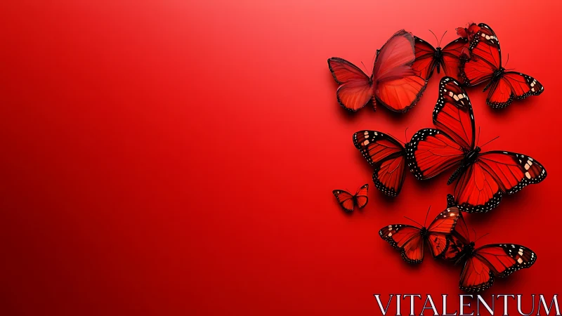 Scarlet butterflies drift in vivid minimal red negative space