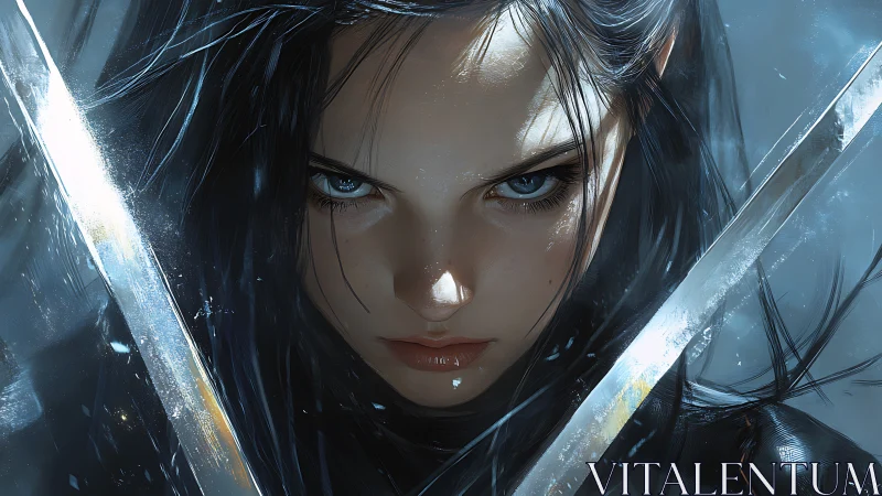 Steel-eyed warrior girl holds twin blades in icy light