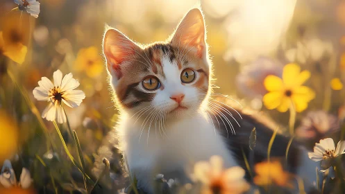 Striped Kitten Among Wildflowers in Golden Sunlight