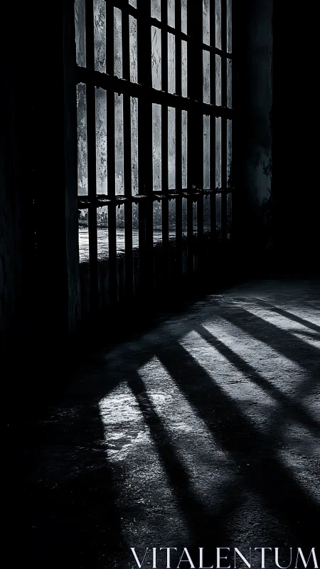 Cold prison cell bars cast stark shadows on concrete floor