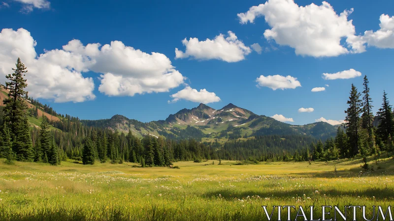 Meadow daydream beneath bright whispering mountain peaks.