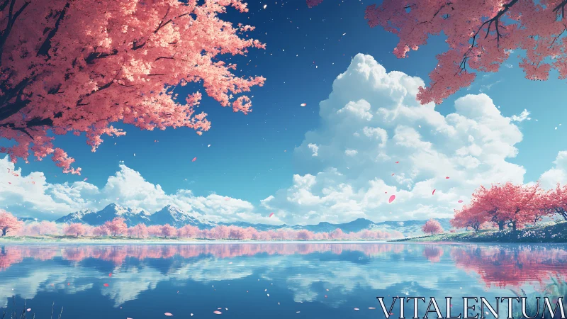 Sakura shoreline reflects pastel clouds over distant peaks.
