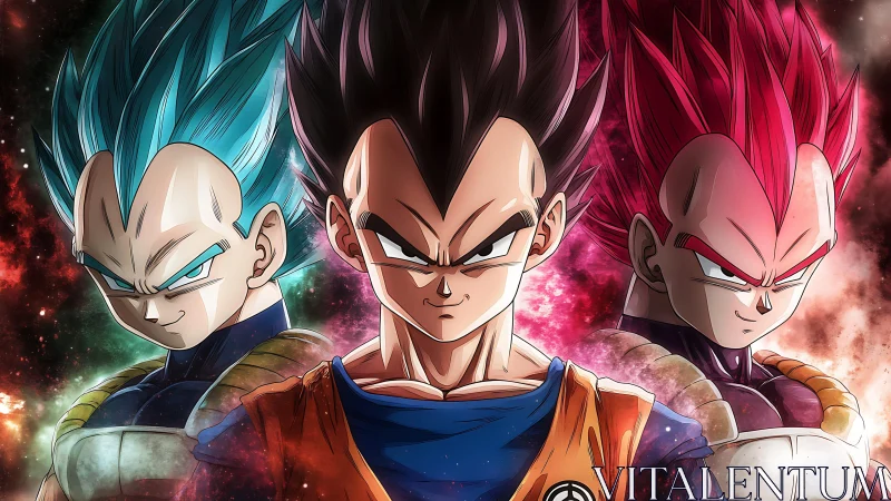 Triple warrior portrait with evolving hair color forms.