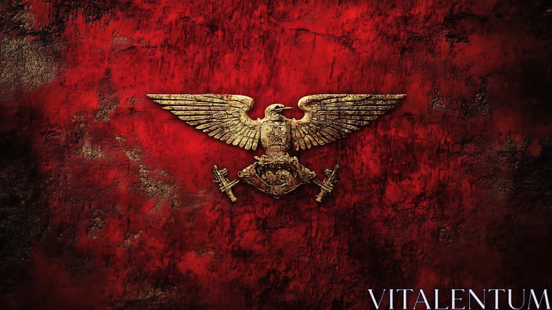 Golden imperial eagle emblem on distressed red field.
