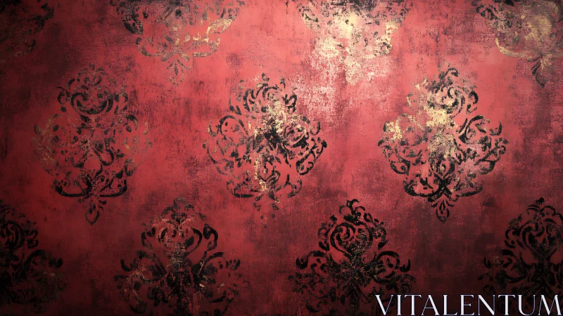Ornate baroque damask pattern on distressed red ground.