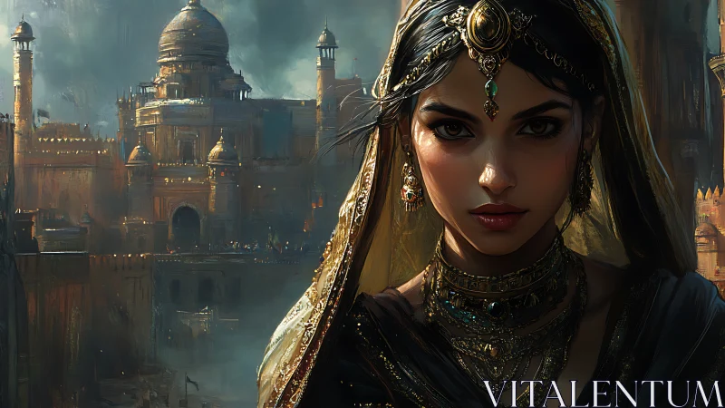 Regal woman in ornate jewelry before grand palace