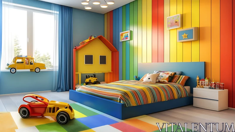 Color-blocked children’s bedroom with striped accent wall design.
