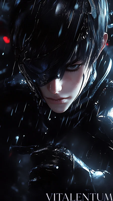 Cybernetic figure in rain with obscured eye and dark armor.