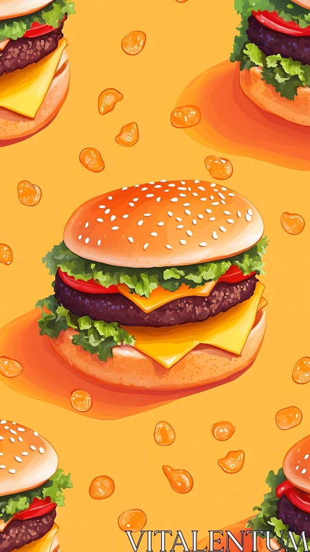 Cheeseburger pattern with bright orange pop background.