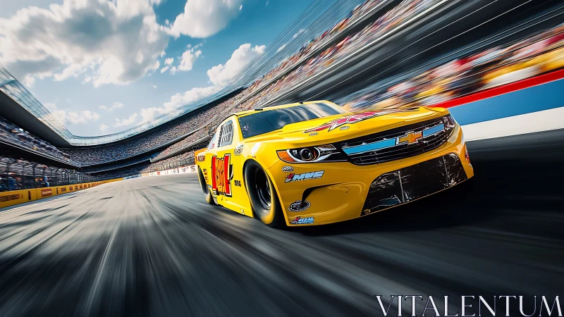 Yellow stock car slingshots through a sunlit thunder oval