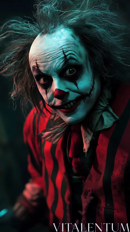 Clown figure with striped costume is lit by directional teal light