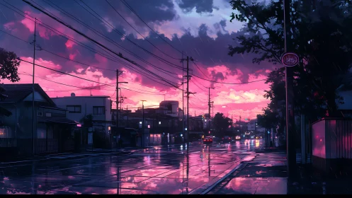 Neon dusk over quiet rainy city street glows in reflection.