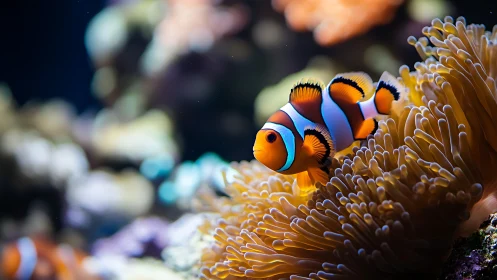Clownfish hides within orange sea anemone under soft light