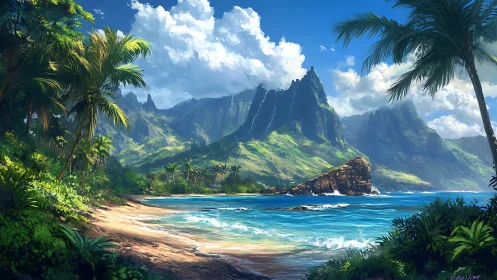Coastal landscape with dramatic mountainous terrain.