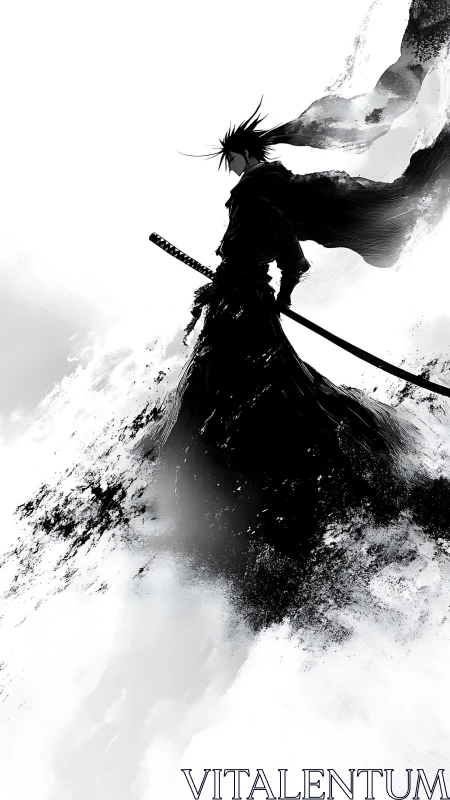 Monochrome samurai silhouette with abstract ink storm.