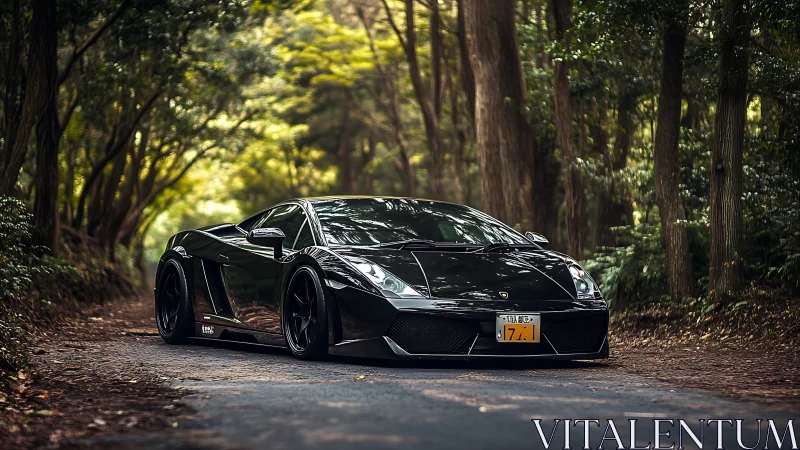 Low black supercar on forest road under soft daylight.